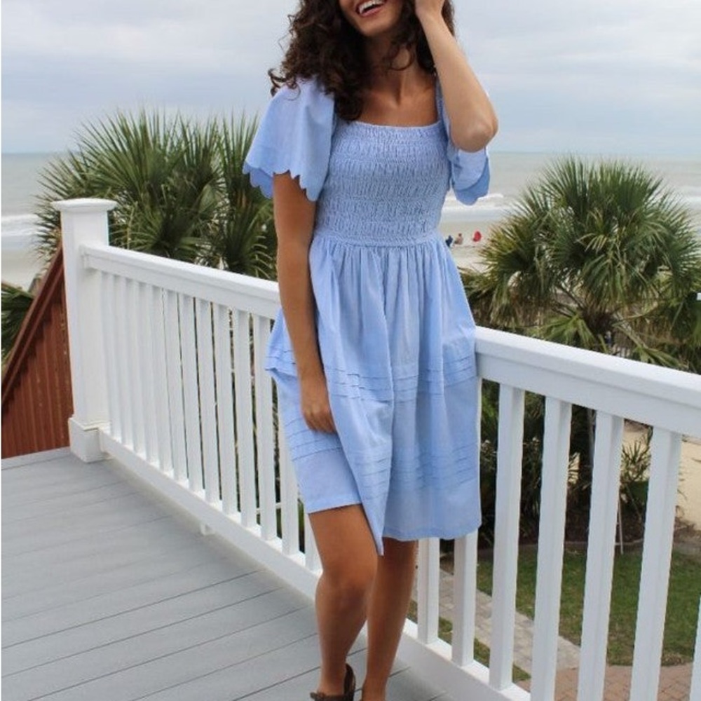 Simply southern dress scallop sky rouched puckered top puffy sleeves blue xl new